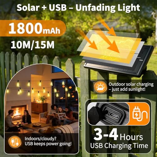 Solar Lights Outdoor Waterproof: ST38 50FT 15M Shatterproof Bulbs Patio Lights - Solar Powered & USB Charging- Remote Control 3 Light Modes Dimmable Solar Light - Camping Backyard Garden - size: 50FT-Remote