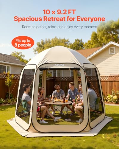 VEVOR Pop up Screen House Tent, 10 x 9.2 ft, 4-8 Person Screen Gazebo, Portable Screened in Canopy with Carry Bag, Netting Sides, Ground Stakes, for Garden, Patio, Backyard, Outdoor Activities, Beige - color: Beige, size: 10x9.2x7.55 Ft