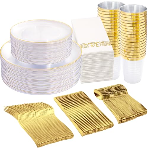 Supernal 350PCS Clear and Gold Plastic Dinnerware Set Include Clear Disposable Plates, Gold Plastic Silverware Heavy Duty, Cups and Napkins for Birthday, Weddings, Parties - color: 350pcs Clear Plastic Plates with Gold Rim