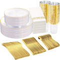 Supernal 350PCS Clear and Gold Plastic Dinnerware Set Include Clear Disposable Plates, Gold Plastic Silverware Heavy Duty, Cups and Napkins for Birthday, Weddings, Parties - color: 350pcs Clear Plastic Plates with Gold Rim