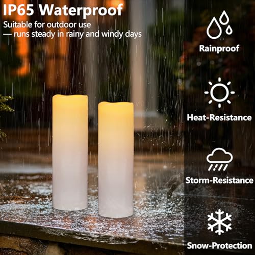 Kimjo 14" x 4" Large Outdoor Candles with Remote: Battery Operated LED Flameless Candles with Timer - Realistic Fake Waterproof Flickering Pillar Candles for Patio Porch Lanterns (White 2 Pack) - color: White