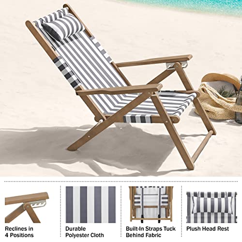Lavish Home Beach Chair - Outdoor Weather-Resistant Wood Folding Chair with Backpack Straps - 4-Position Reclining Seat - Beach Essentials (Gray) - color: Grey, style: Set of 1