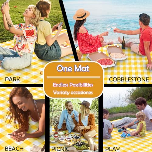 CUNCUI Large Picnic Blankets, 3 Layers Thick Soft Gingham Camping Blanket, 59X79IN Foldable Waterproof Rug, Portable Outdoor Mat for Beach Grass Hiking Park Travel, Sandproof, Machine Washable-Yellow - color: Yellow
