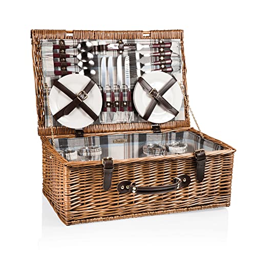 PICNIC TIME Newbury Picnic Basket for 4, Romantic English-Style Wooden Wicker Basket with Deluxe Service for 4, Fully-lined Interior, Leatherette Lid-locking Buckle, and Flat-lid Design, (Navy Blue)