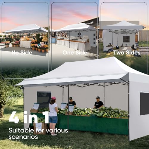Quictent 10x20 Heavy Duty Pop up Canopy Tent with 3 Removable Sidewalls, Commercial Grade Instant Shelter with Wheeled Bag for Outdoor, Parties, Markets, 600D PU Coated UPF 50+ Sun Shield - color: White, size: 10x20