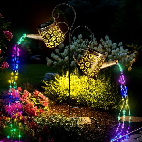 WITOROR Solar Watering Can Lights Outdoor, IP65 Waterproof Garden Decor Solar Garden Light 8 Multi-Color Changing Modes One Pole Two Lights Outdoor Decorations for Yard, Lawn, Patio