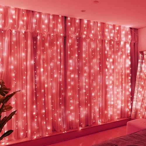 HXWEIYE 300LED Fairy Curtain Lights, 9.8x9.8Ft USB Plug-in 8 Modes Christmas String Hanging Lights with Remote for Bedroom Backdrop Wedding Indoor Wall Decor, Red, Standard – 1 Pack - color: Red, size: Standard – 1 Pack