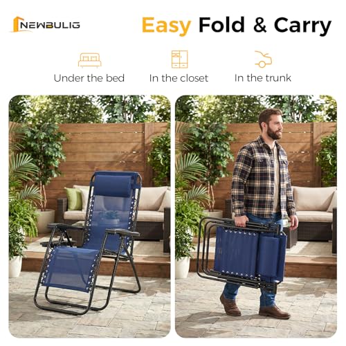 NEWBULIG Zero Gravity Chair Set of 2, Lounge Chair Folding Portable Adjustable Camping Reclining Chairs with Adjustable Pollow, Mesh Back, Cup Holder Trays Lawn Patio Chair for Pool Beach - Blue - color: Modern Blue, size: 2 Pack