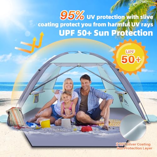 Happy Travel Beach Tent, UPF 50+ UV Protection Sun Shade Shelter for 3/4/5/6/7/8 Person, Portable Beach Canopy for Family & Baby, Lightweight & Easy Setup Beach Cabana with 3 Ventilation Mesh Windows - color: Baby Blue, size: 3 Person
