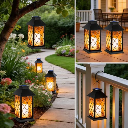 Solar Lanterns Outdoor Waterproof, 2 Pack 9" Glass Hanging Solar Lights with Flickering Flameless Candle, Outdoor Lanterns for Patio Wall Porch Table Garden Tree, Gift for Women Mom - Black - size: Black 9"