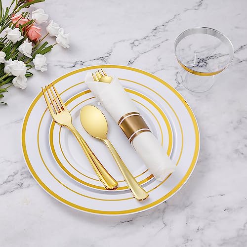 Goodluck 700 Piece Gold Plastic Dinnerware Set for 100 Guests, Disposable Plates for Party, Include: 100 Dinner Plates, 100 Dessert Plates, 100 Pre Rolled Napkins with Silverware, 100 Cups - color: Gold, style: 700 Piece (100 guests)