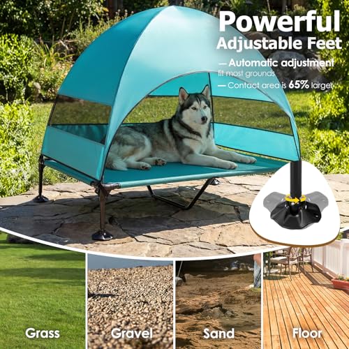 Elevated Dog Bed with UV-Proof Canopy, Outdoor Dog Tent with Powerful Adjustable Feet, Portable Pet Cot with Wider Shade, Raised Cooling Bed for Camping, Patio, Beach, Poolside - color: Aqua, size: X-large: 50.0"l X 32.0"w X 42.5"th