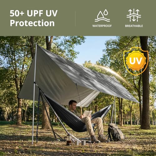 CAMEL CROWN Camping Tarp,3000mm Waterproof & UPF 50+ Sun Protection Rain Fly Tarp - Lightweight Portable Camping Shelter with Stakes, Guy Lines & Carry Bag, for Hiking Backpacking Beach Picnic Shade - color: Cool Grey