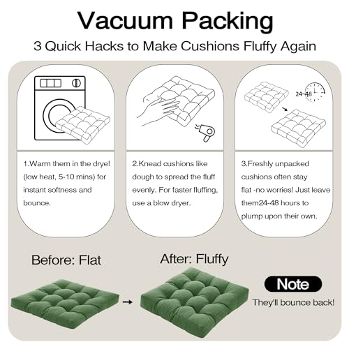 Tromlycs Floor Cushions Pillows for Adults Sitting Large Square Seating Pillow Gel Memory Foam 20 x 20 x 4 Inch Green Set of 2 - color: Green
