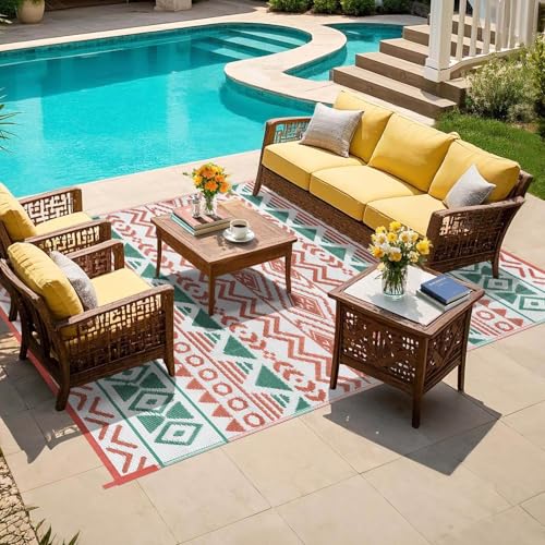 Outdoor Rugs Patio Camping Waterproof - 6x9 Plastic Straw Patio Rug Portable for Campers, Outside RVs Mat, Outdoor Area Carpet for Patios Clearance, Backyard Porch, Balcony, Picnic - color: Green Orange, size: 6' x 9' (Rectangular)