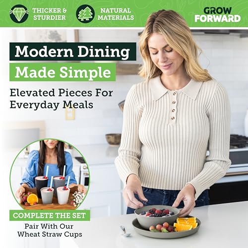 Grow Forward Premium Wheat Straw Plates and Bowls Sets - 8-Piece Wheat Straw Dinnerware Sets - Unbreakable & Reusable Microwave Safe Plastic Dinner Plates for Outdoors, RV, Camping Dishes - Feather - color: Feather Gray