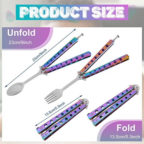 Flutesan 2 Pcs Butterfly Fork and Spoon Set, Tactical Butterfly Spoon Folding Stainless Steel Spork Utensil Set Balisong Trainer for Travel Camping Hunting BBQ Kitchen(Colorful) - color: Colorful