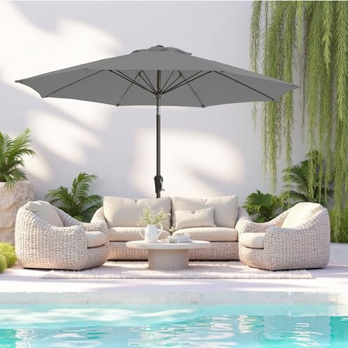 9FT Large Outdoor Patio Umbrella Pool Market Umbrella-UV Resistant, Easy Push Button Tilt and Crank, 8 Sturdy Ribs Heavy-Duty Table Umbrella for Deck, Backyard, Garden(Grey) - color: Grey, size: 9 FT