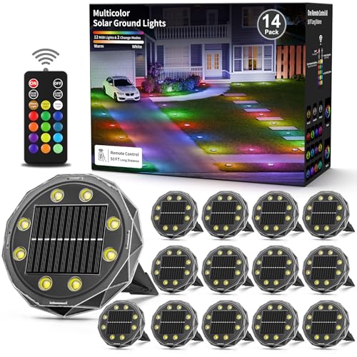 Solar Ground Lights with Remote, 15 Multi Color Solar Garden Lights Waterproof, RGB Solar Powered Outdoor Landscape Lighting for Pathway, Yard, Deck, Lawn, Patio, Walkway, Poolside, 14 Pack - size: 14 Pack