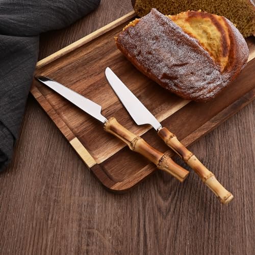 Dinner Knife Set with Bamboo Handle, 8-Piece Stainless Steel Shiny Silver Dinner Knives, Creative Design Table Knives for Home Restaurant, 8.74 inch, Handcrafted - color: 8-Piece Dinner Knife