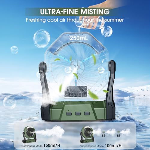 Ausic Portable Misting Fan for Outdoor Cooling, [8-35Hrs] Battery Powered Mist Fans with Water Misters & LED Lantern, 8-Inch, 250mL Tank, for Patios, Home, Outside, Camping, Outdoor&Indoor Use - color: Green, size: 8-35Hrs Runtime
