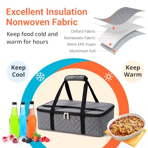 Insulated Casserole Carrier Portable Food Tote for Hot or Cold – Fits 9"x13" Baking Dish, Lasagna Holder for Parties, Picnic, Travel, Beach - Grey - color: Gray
