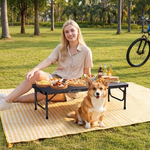 Anbte 3ft Low Folding Picnic Table, 10.3" Height Thicker Aluminum Small Camping Table with Storage Bag, Portable Handle, Lightweight, for Camping Beach Party Picnic Floor, 34.2" x 15.7", Black - color: Black, size: 34.2" x 15.7" x 10.3"