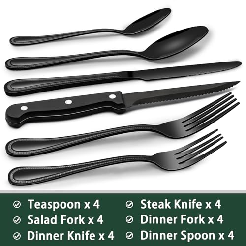 EWFEN 24-Piece Black Silverware Set with Steak Knives, Black Flatware Set for 4, Food-Grade Stainless Steel Tableware Cutlery Set, Mirror Finished Utensil Sets for Home Restaurant, Pearled Edge - style: Pearled Edge