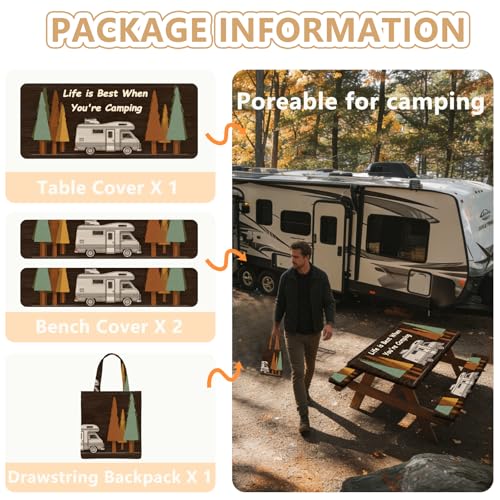 Picnic Table Cover with Bench Covers Elastic Edges, Outdoor Patio Camping Essentials 72 Inch 3PCS, Waterproof Camping Fitted Tablecloth with Handbags (Life is Best When You're Camping) - color: Wooden Camping Trailer