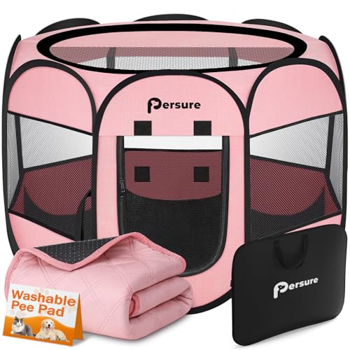 Dog Cat Playpen Indoor Outdoor for Puppy Pet Dogs Cat Recovery After Surgery, Dog Tent Crates Cage Indoor/Outdoor, Portable Pop Up Kennel with Carrying Case for Travel (Premium Pink with Pad, Small) - color: Premium Pink with Pad