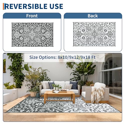 GarveeHome 9x12 Plastic Straw Large Reversible Outdoor Rug Vintage Medal Outdoor Carpet Waterproof Indoor Outdoor RV Decor Rugs Fold Portable Camping Outside Rug for Patio Backyard Balcony, Grey White - color: Vintage | Grey White, size: 9' x 12' (Rectang
