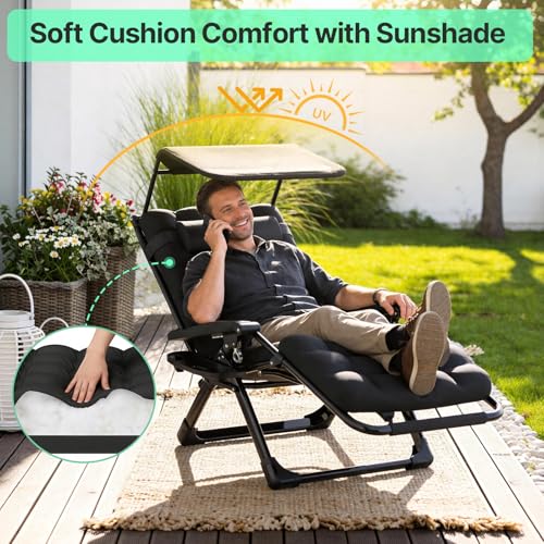 Suteck Zero Gravity Chair with Canopy, Reclining Camping Lounge Chair w/Removable Cushion, Upgraded Lock and Cup Holder, Reclining Patio Chairs Folding Recliner for Indoor and Outdoor - color: 26inch Black With Canopy