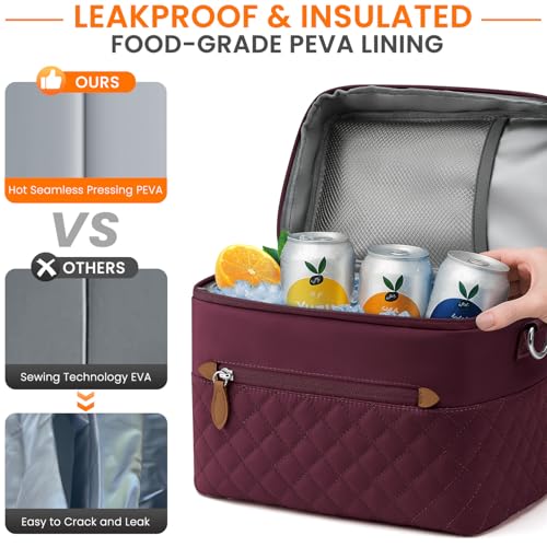 Tenot Insulated Lunch Box for Women Reusable, Leak Proof Cooler Lunch Bag Women for Work Stylish Quilted Lunch Tote Bag for Adult Picnic Travel Hiking Wine Red - color: Wine Red