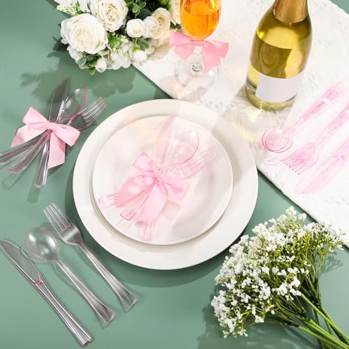 Minatee 25 Sets Pink Plastic Cutlery Set with Twist Tie Bows, Heavy Duty Tableware Disposable Pink Forks Knives and Spoons Silverware Utensils Set for Coquette Birthday Party Table Setting Picnics - color: Pink