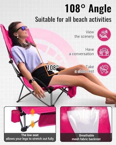 KingCamp Low Beach Chair, High Back Folding Camping Chair for Adults, Oversized Breathable Mesh Seat, 300lbs Heavy Duty Portable Chair with Cup Holder & Storage Pockets for Beach, Outdoor - color: Ergobreeze H Rosered 2pcs