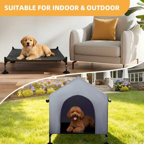 36" Dog House Outdoor Indoor with Breathable Mesh Windows, 2-in-1 Outside Dog House Elevated Dog Bed Cot Dog Tent Shade Shelter, Easy to Assemble & Clean (36 INCH) - size: 36 INCH