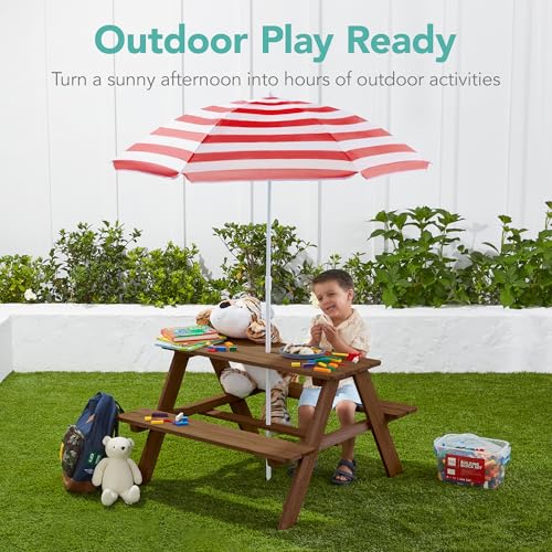 Best Choice Products Wooden Kids Picnic Table with Umbrella, Outdoor Activity Table Set with Built-in Benches, 220 lb Capacity per Bench - Walnut/Red - color: Walnut/Red