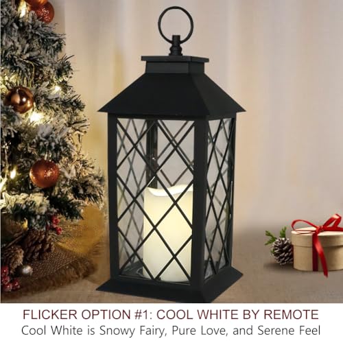 13.5" Decorative Candle Lantern with Timer Candles - IP44 Waterproof Vintage Lanterns Battery Powered LED Decorative for Wedding - Warm White Hanging Wall Lanterns - color: 1-Pack: BLACK - TWO Flicker Options By Remote