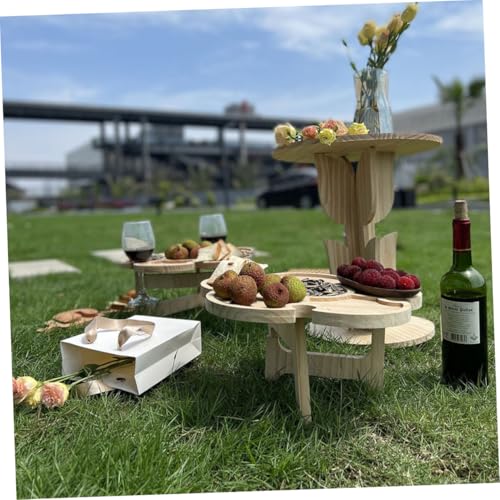 Ciieeo Portable Foldable Wood Wine Desk Outdoor Picnic Beverage Table Small Beach Camping Side Table with Tray 35cm Diameter for Travel BBQ and Lawn Use