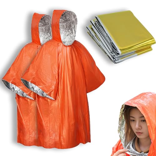 4X Survival Gear kit, Emergency Poncho (2pc), Emergency Space Blanket (2pc), Mylar Liner - Retains 92% Body Heat, for Outdoors, Hiking, Camping, Bug Out Bag, Marathons or First Aid, Car (Orange) - color: Orange