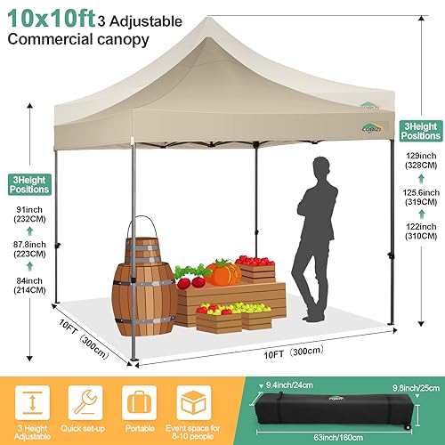 COBIZI 10x10 Pop Up Canopy Tent with 4 sidewalls Commercial Heavy Duty Canopy UPF 50+ All Weather Waterproof Outdoor Canopy Wedding Tents for Parties Gazebo with Roller Bag, Khaki (Windproof Upgraded) - color: Khaki, size: 10x10 With Sidewalls