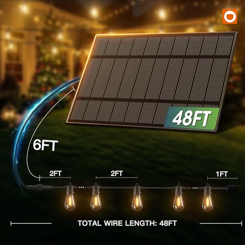 addlon 54FT Solar String Lights Outdoor Waterproof with USB Charging & Remote Control - Dimmable Solar Power Patio Lights with 26 LED Bulbs for Porch, Garden, Yard, Market, Bistro - Lasts 20+ Hrs - size: 48+6FT(24 Sockets)