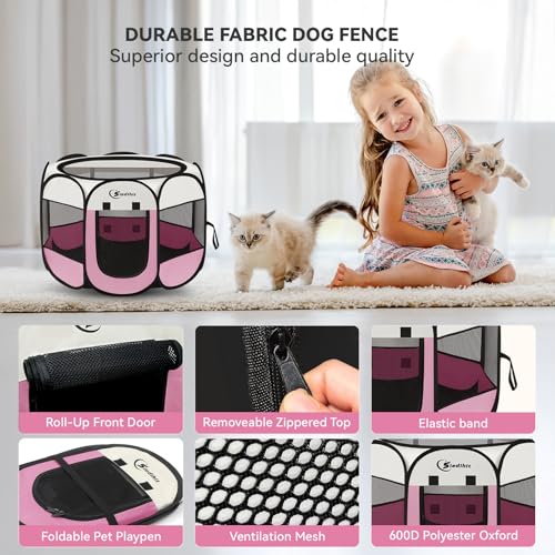 Siedihit Pink Dog Cat Playpen, Puppy Pet Playpen Indoor for Small Dog Crate Tent Cage Outdoor, Portable Pop Up Dogs Enclosure Kennel with Carrying Case for Dogs/Cats/Rabbits - color: Pink