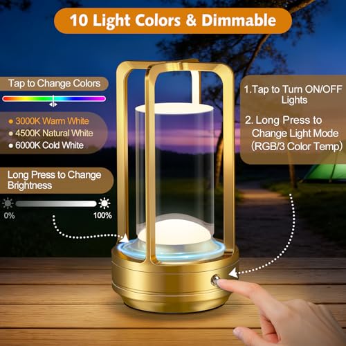 Portable Table Lamp for Outdoor Indoor: Cordless Rechargeable Desk Lamp with 10 Colors - Shower Lamp with Stepless Dimmable - Metal Battery Operated Lantern Light for Bedroom/Bar/Coffee Shop/Camping - color: Gold+RGB