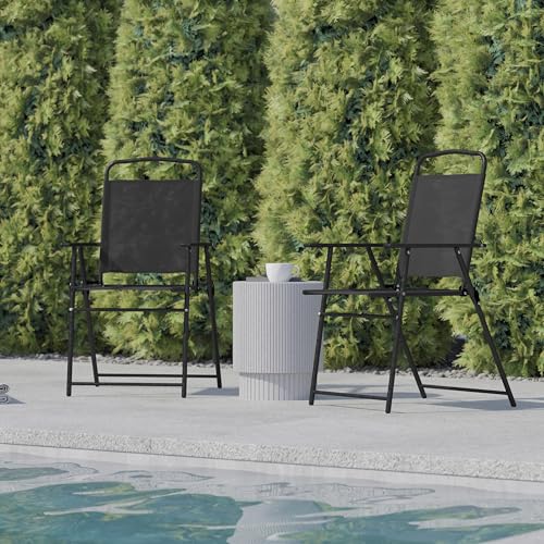 Flash Furniture Mystic Folding Patio Sling Chairs, Outdoor Textilene Lawn Chairs with Armrests, Set of 2, Black - color: Black