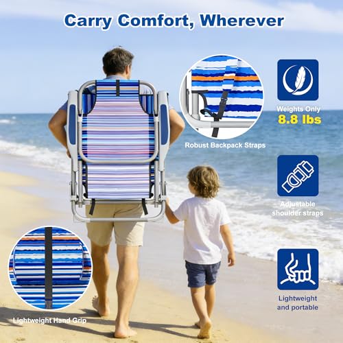 DIAMONDFORGE Lightweight Portable Beach Chair for Adults, 350 LBS Capacity Backpack Beach Chair, Reclining Beach Chair with 5-Position Lay Flat, Large Cup Holder for Beach Camping Sports, 1 Pack - color: Orange Blue, size: Oversized