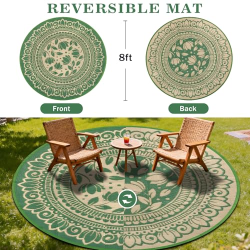 8ft Round Waterproof Outdoor Patio Rug, Large Lightweight Plastic Woven Rug, Reversible Boho Floral All-Weather Beach Mat for RV Camping, Picnic, Deck, Porch, Backyard and Garden, Green - color: Green Flower, size: 8' (Round)