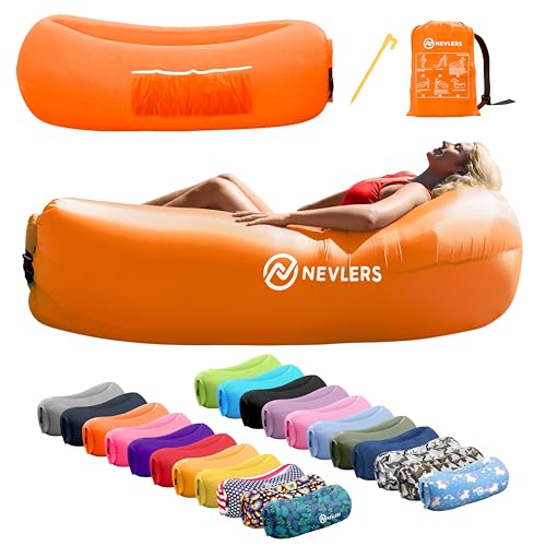 Nevlers Orange Inflatable Lounger | 210T Polyester Air Couch | No-Pump Blow Up Couch | Air Sofa w/ 450 lbs. Capacity, Pockets & Matching Bag | Use as Inflatable Chair for Kids & Adults for Camping Fun - color: Bright Orange, size: 1 Pack