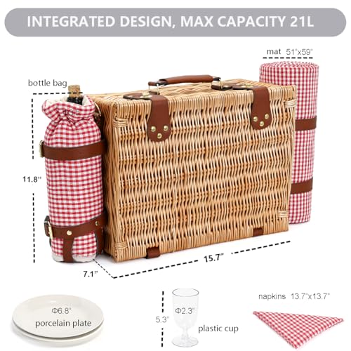 Picnic Basket with Blanket and Wine Pouch for 4, Wicker Picnic Set with Insulated Liner Cooler Bag Hamper for Camping,Wedding - Red Gingham - color: Red Gingham With Blanket for 4