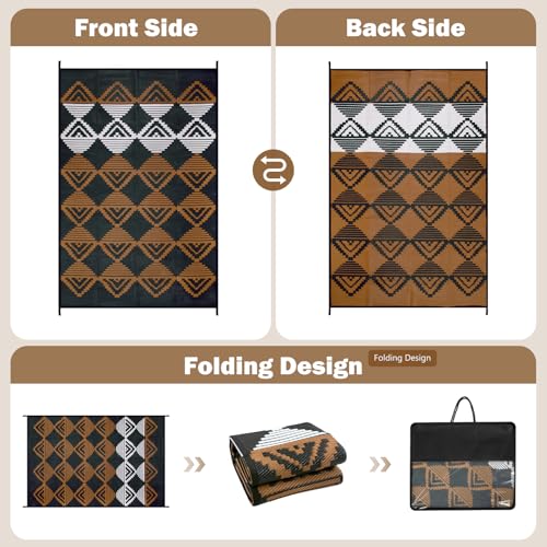 Lahome Outdoor Plastic Straw Rug, Reversible Outdoor Rug Waterproof 6x9 Patio Rugs, Camping Rugs for RV Backyard Deck Porch Picnic Beach Trailer (Black/Brown, 6' x 9') - color: Black/Brown/Checkered, size: 6'x9'